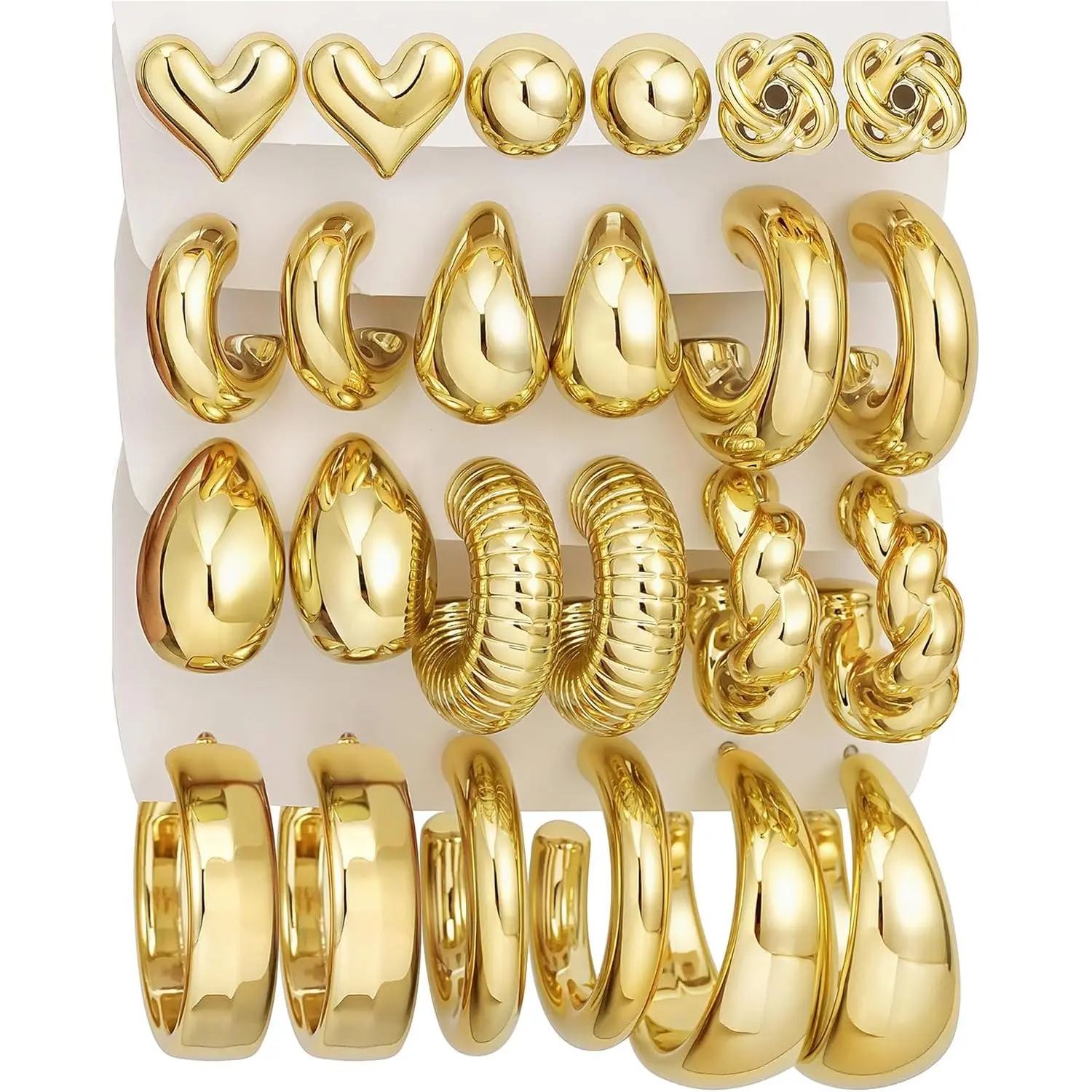 Earrings Jewelry for Women, 12 Pairs Silver Plated Chunky Statement Hoops & Twisted Huggie Set, Lightweight & Anti-Tarnish, Ear Hoops, Fashionable Jewelry Accessories