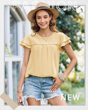 Women's Summer Tops Crewneck Eyelet Ruffle Short Sleeve Blouses Casual Babydoll Shirts 2025 S-2XL Lightweight Soft Knitted Fabric Trendy Babydoll Style