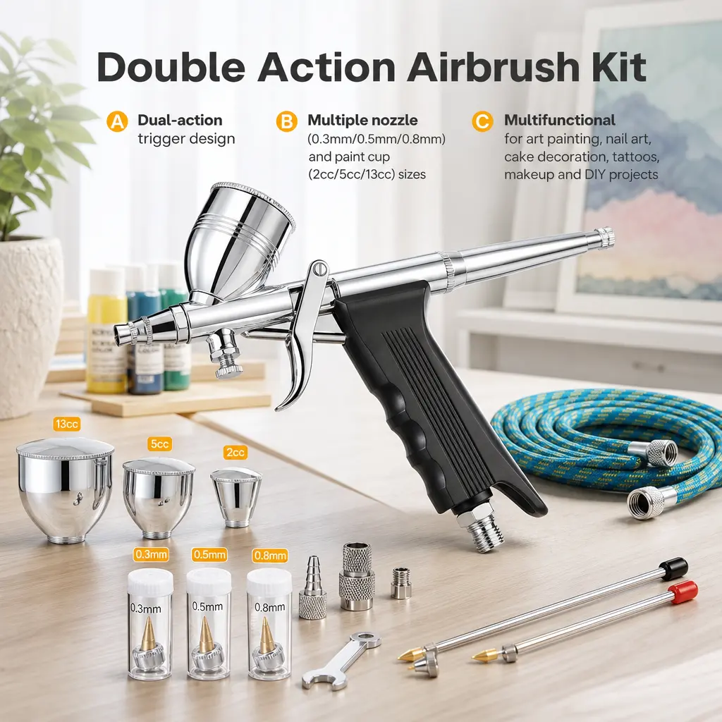 Airbrush Kit - Dual Action Air Spray Gun Set with 0.3mm 0.5mm 0.8mm Nozzles, Multiple Paint Cups, Adjustable Spray Tool for Art Painting, Nail Art, Cake Decorating, Makeup, Tattoo & DIY Crafts