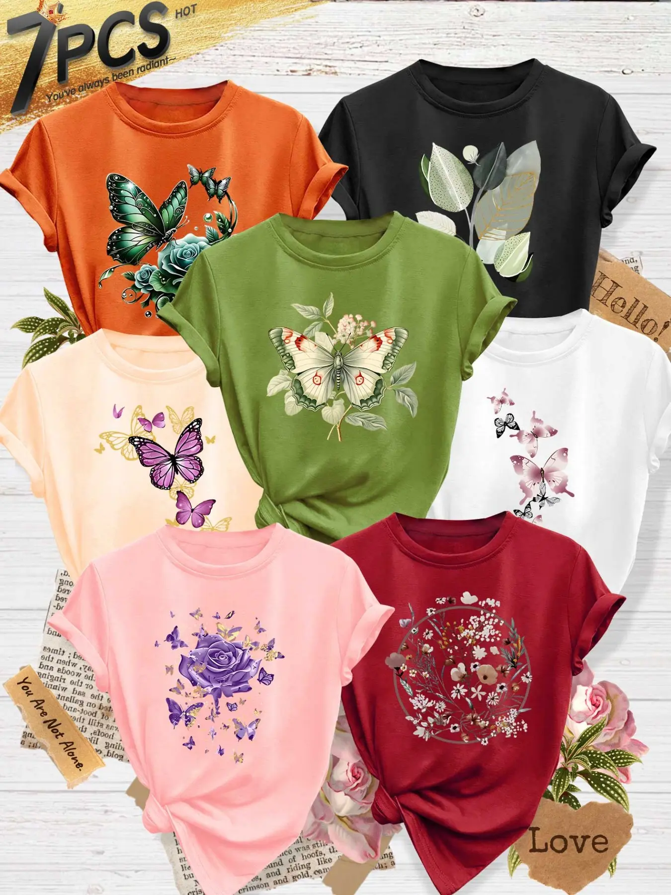 7Pcs Women Crew Tee, Color Butterfly Rose Leaf Watercolor Floral Print, multi-color washable soft summer top