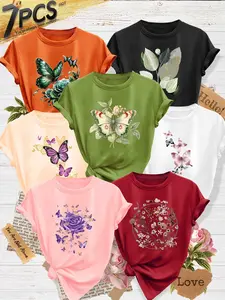 7Pcs Women Crew Tee, Color Butterfly Rose Leaf Watercolor Floral Print, multi-color washable soft summer top