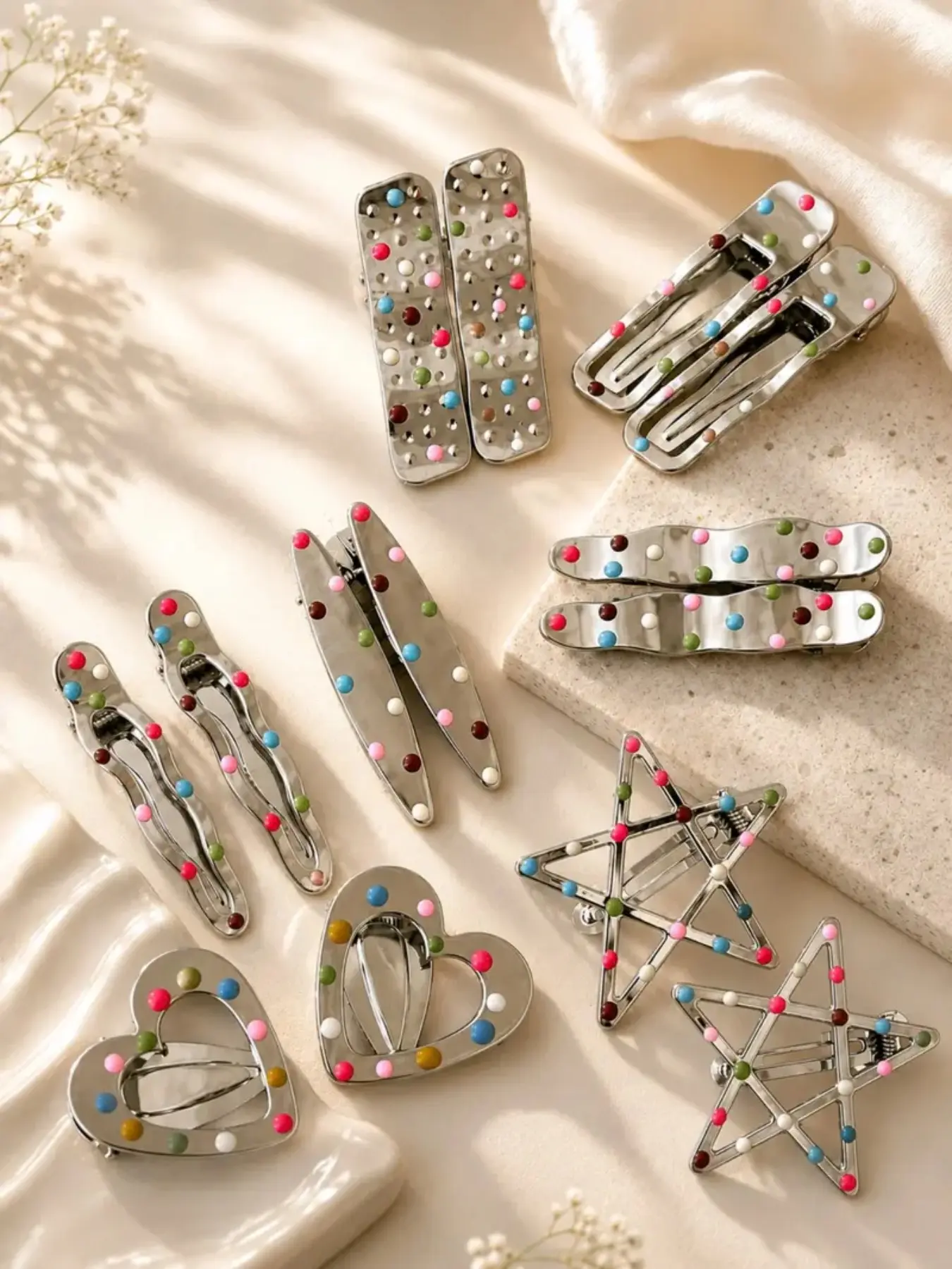 14PCS Dopamine Candy Dot Snap Hair Clips Set, Mixed Heart Star Wavy BB Hair Barrettes, Cute Y2K Colorful Bead Hair Accessories for Women Teen Girls Daily Styling