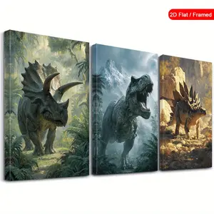 2D canvas, 3-piece classic framed painting set, modern canvas print, wild nature poster, Jurassic era artwork, dinosaur world wall decor, prehistoric creature art, home decoration, room aesthetics, poster, suitable for living room and bedroom, framed, per