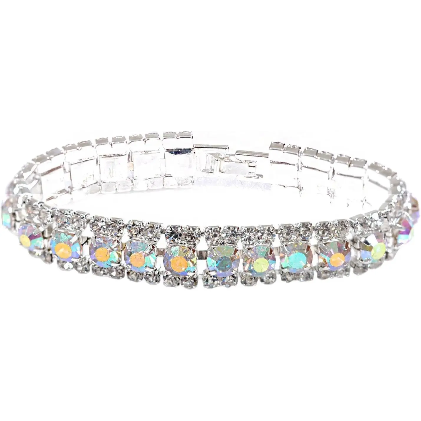Bridal Bracelet   Borealis Rhinestone Cuff Bracelet with Fold Over Clasp