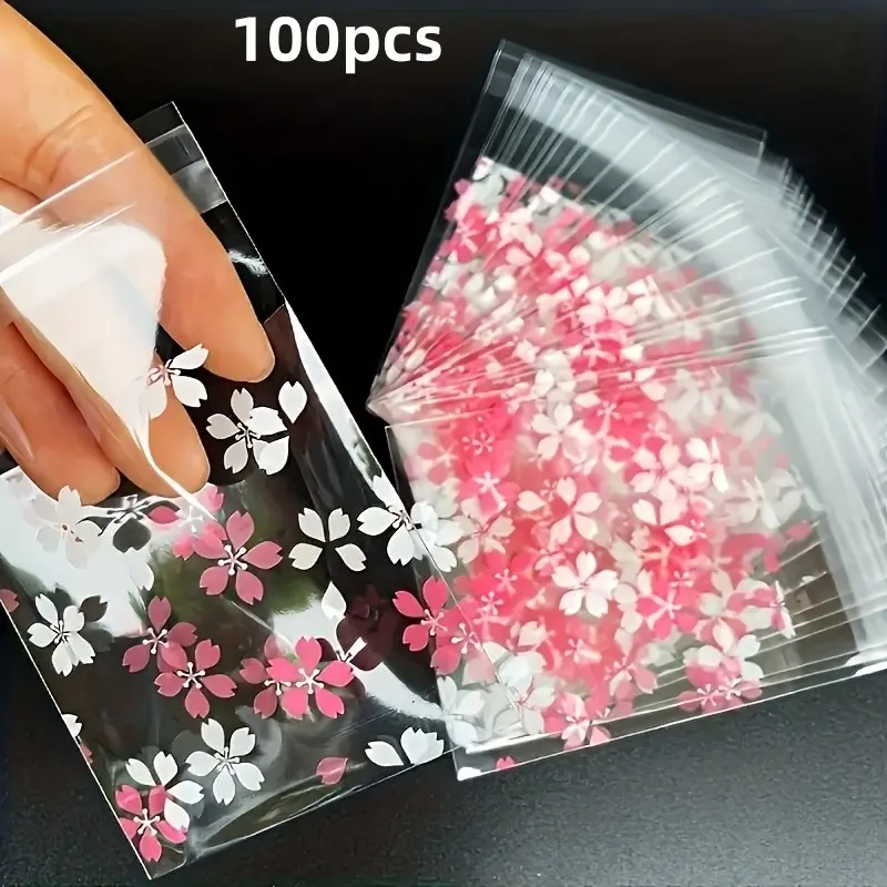 100 Self-Seal Cherry Blossom Design Bags, Aesthetic Floral Plastic Small Pouches, Ideal for Jewelry, Gifts, Travel, Packaging