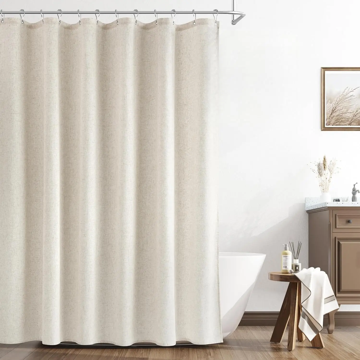 Linen Shower Curtain, Country Boho Farmhouse Bath Decor Beige Ivory Shower Curtains for Bathroom Neutral Cloth Weighted Textured Fabric Bath Curtain Liner with Hooks, Natural Cream, 72 Inch