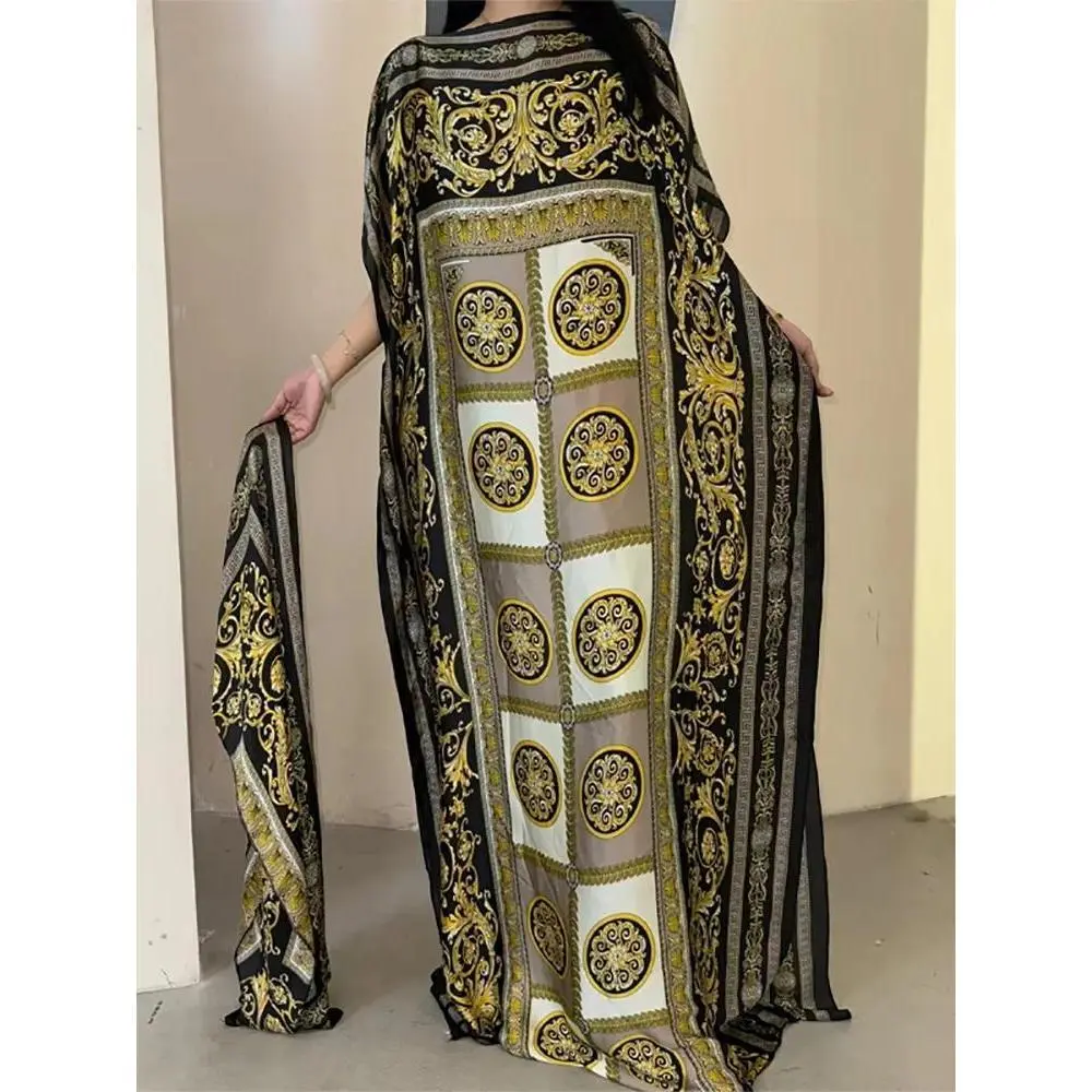 Muslim Abayas For Women 2025 New Printed Silk Soft Loose Femme Elegant Robe African Maxi Party Dresses With Belt Turban