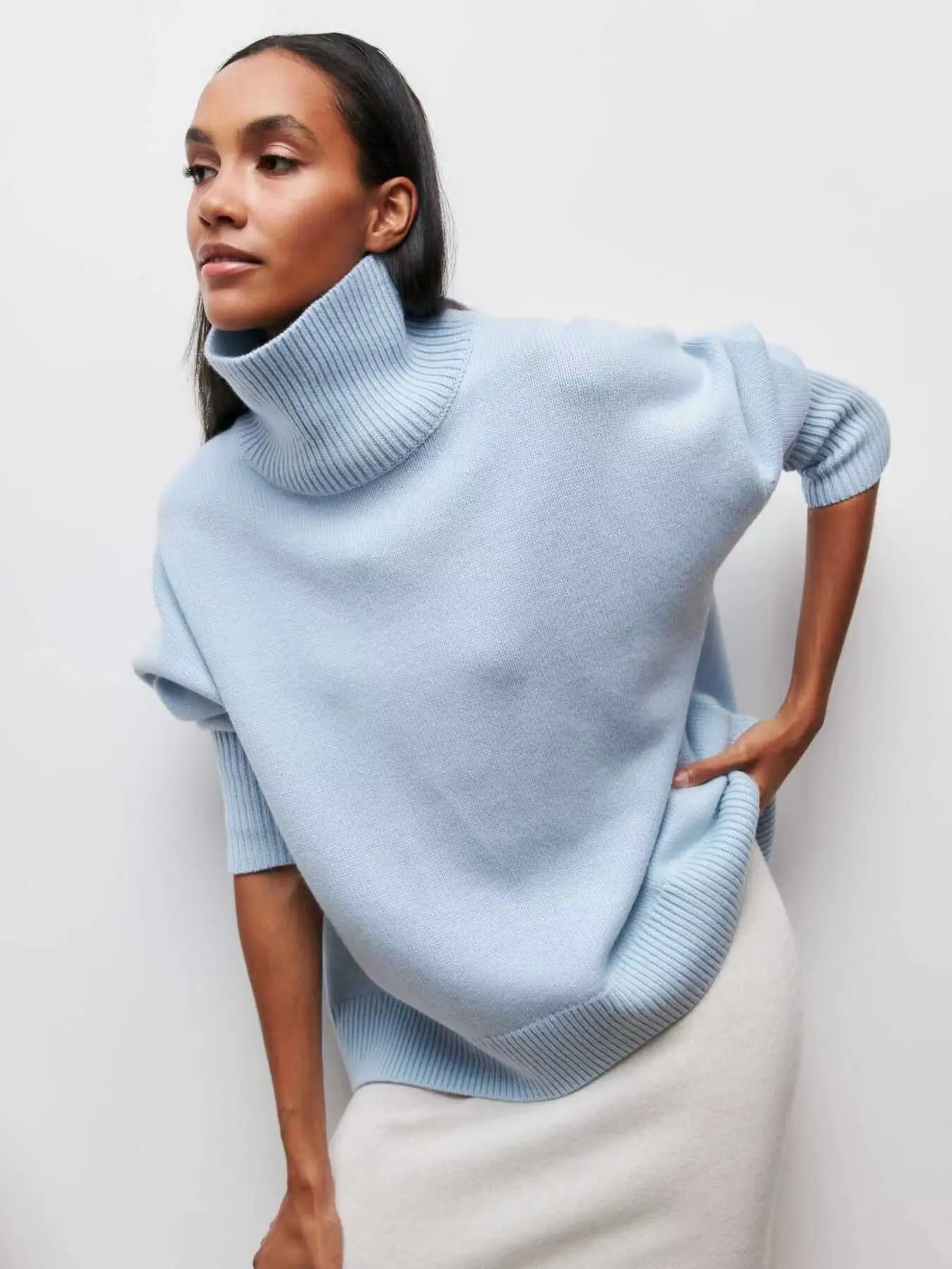 Women Turtleneck Oversized Knit Sweater, Drop Shoulder Long Sleeve, Ribbed Cuff Hem, Loose Fit Chunky Pullover, Fall Winter Casual Top, Knitwear