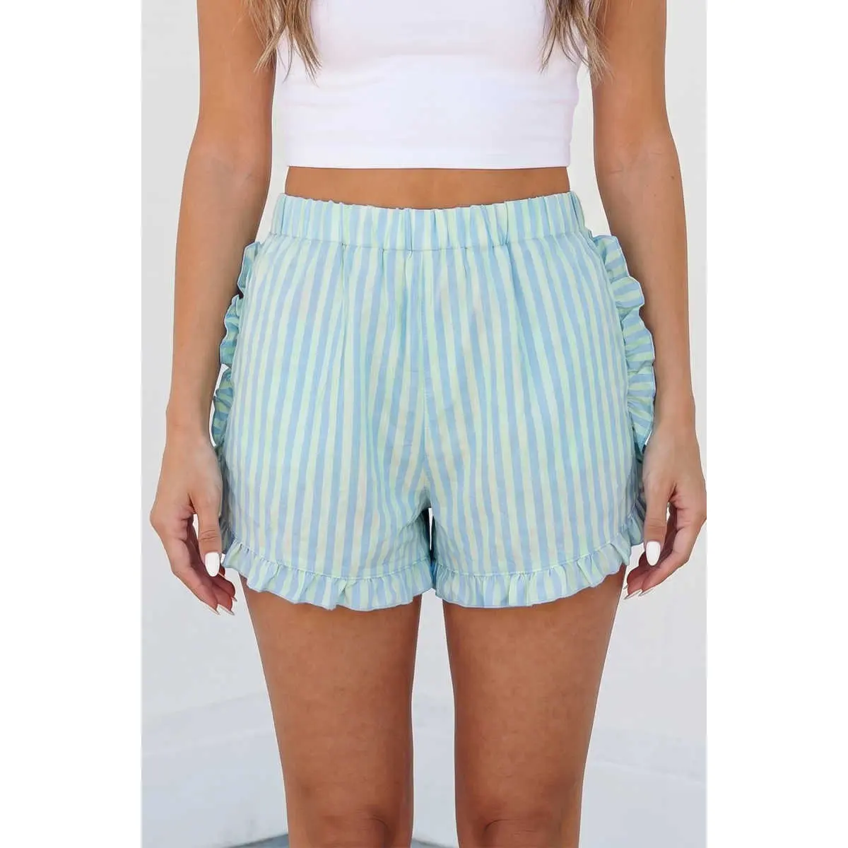 Sky Blue Stripe Elastic Waist Ruffle Trim Casual Shorts