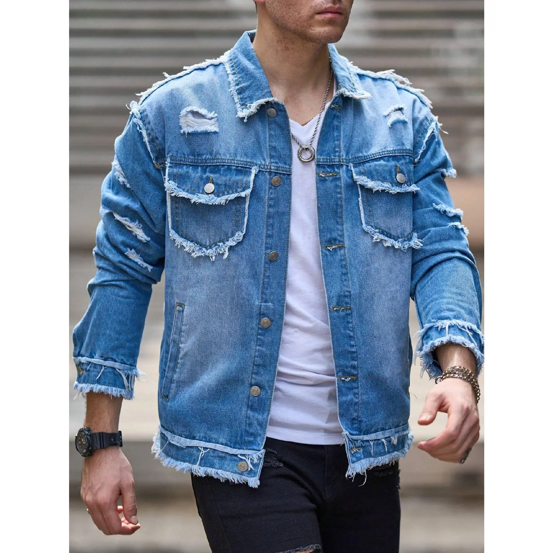 Men's Vintage Washed Denim Jacket, Japanese Americana Style Distressed Jean Jacket with Raw Hem Details, Slim Fit Streetwear Trucker Jacket with 4 Pockets