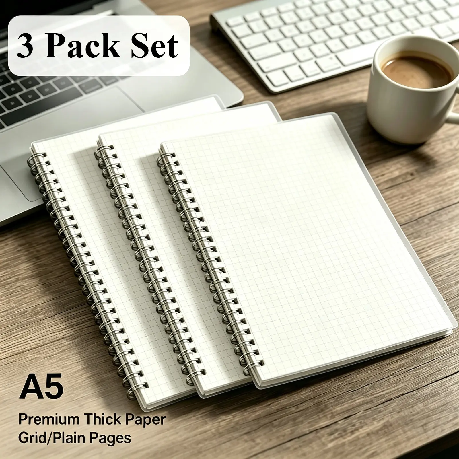 A5 Graph Paper Notebook, Spiral Journal (3-Pack), 160 Page/80 Sheets Per Pack, Premium Thick Paper, Ideal for Work, School & Note Taking | All-in-One Tool for Meeting Agendas, Sketching & Drafting, Professional & Academic Use, Grid Notebook