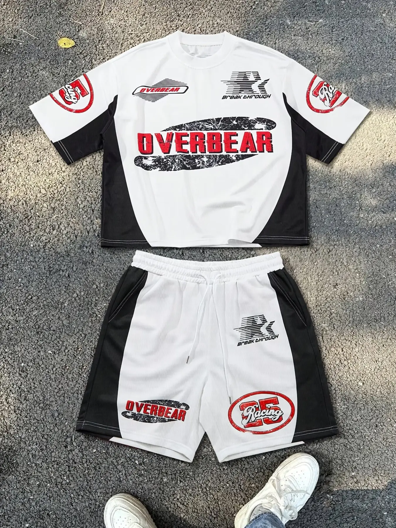 Y2K Retro Racing 2-Piece Outfit - Men's Breathable Racing Jersey & Shorts Set, Casual Sporty Comfy, Vintage Motorsport Graphic Print, Black & White Color Block Streetwear Tracksuit Athleisure Sportswear Set for Daily / Gym Wear