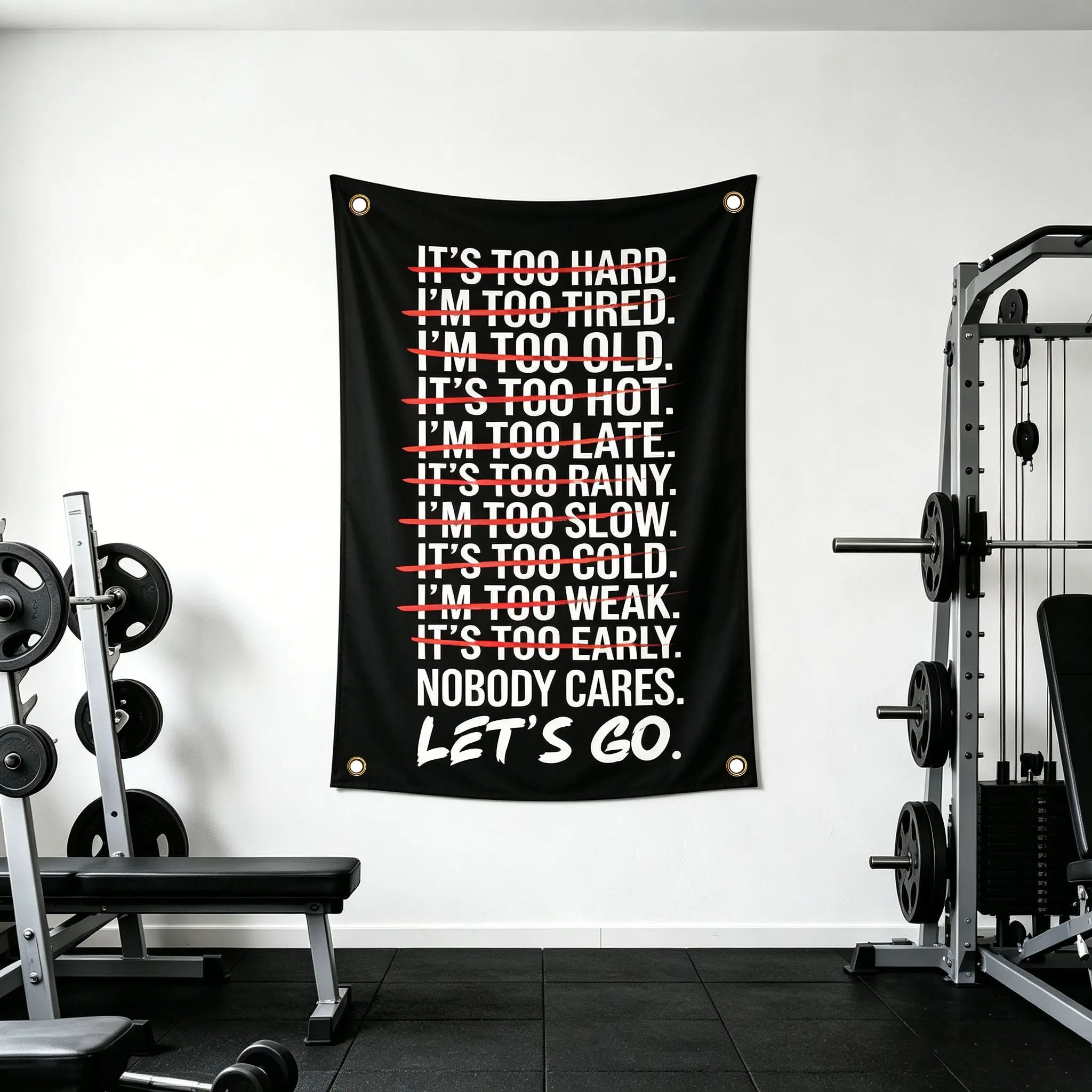 Nobody Cares Let's Go Gym Motivation Banner – Bold Black White Red Typography Design, 2D Single-Sided Polyester Flag with 4 Metal Grommets, Wall Decor Flags, Easy Hanging Decor Wall Backdrop for Home Gym, Fitness Room & Dorm Wall