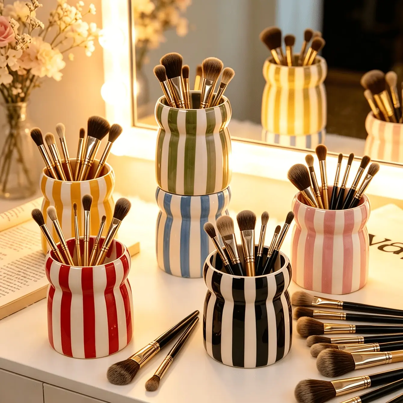 Fashion Striped Ceramic Makeup Organizer, Cosmetic Brush Eyeliner Comb Holder, Living Room Bedroom Desk Storage Box, Decorative Gift