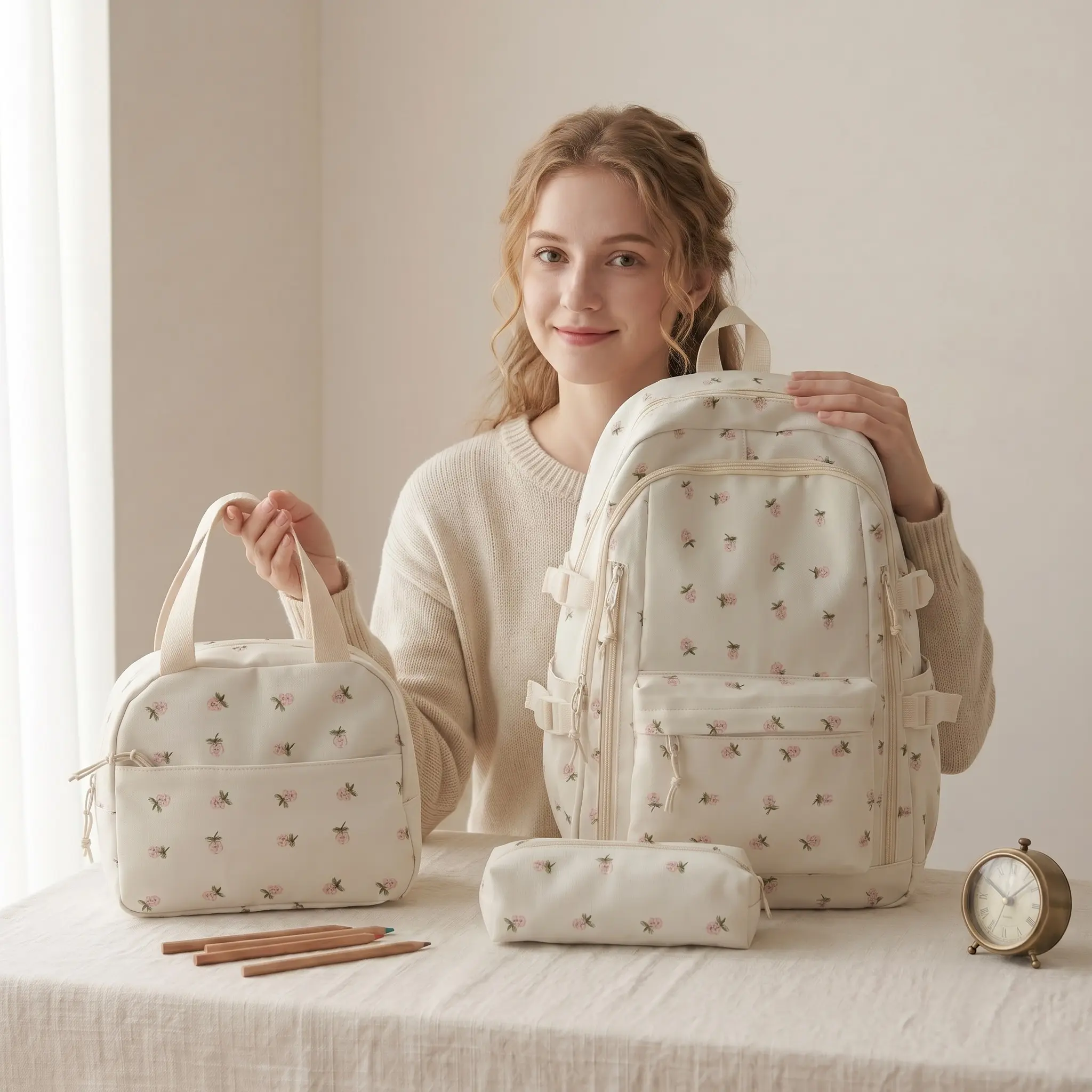 3PC Ultra-Light Nylon Backpack Set, Fresh Korean Style with Sweet Floral Print, Curved Straps, Large Capacity for High School Girls, Cozy Everyday Carry