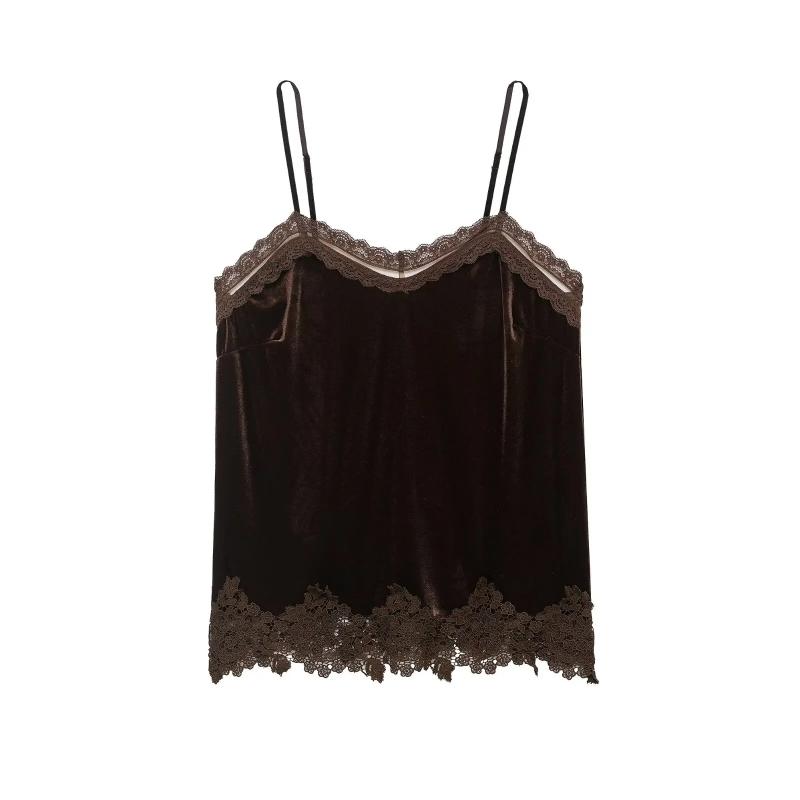 Aria Muse Women Fashion Velvet Lace Patchwork Sling Top Sleeveless V Neck Tank Tops 2026 Summer Trend High Street Lady Chic Tops