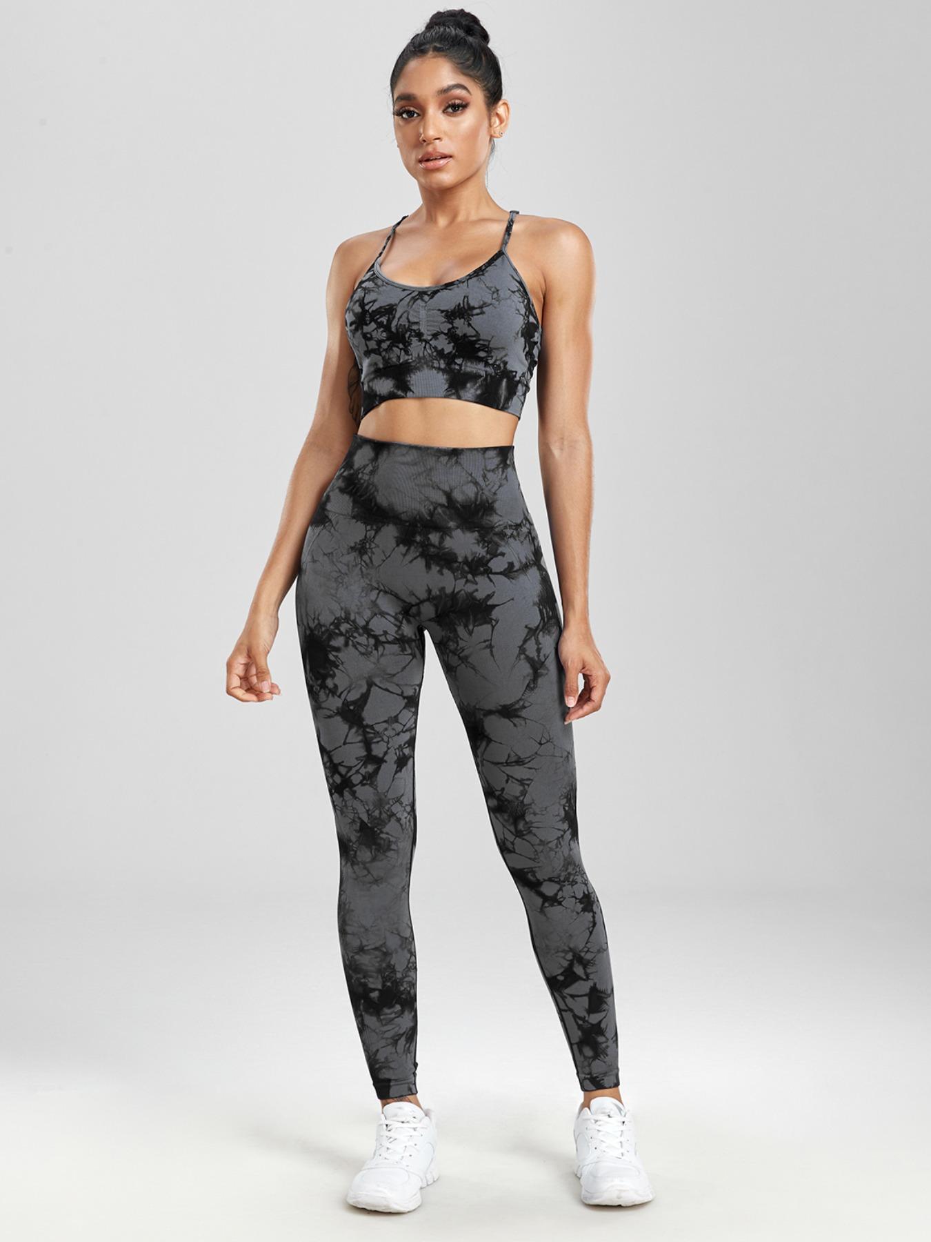 Women's Tie Dye Print Crop Sports Bra & High Waist Leggings & Skinny Shorts Yoga Tracksuit Set, Breathable Sweat-absorbing Gym Workout, Ladies Sportswear for All Seasons, Workout Sets Women