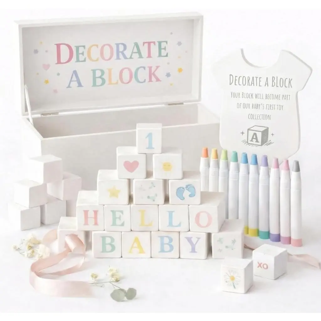Baby Shower Blocks Decorating Game – 48 White Wooden Cubes to Decorate, Storage Box, 12 Acrylic Markers & Instruction Sign