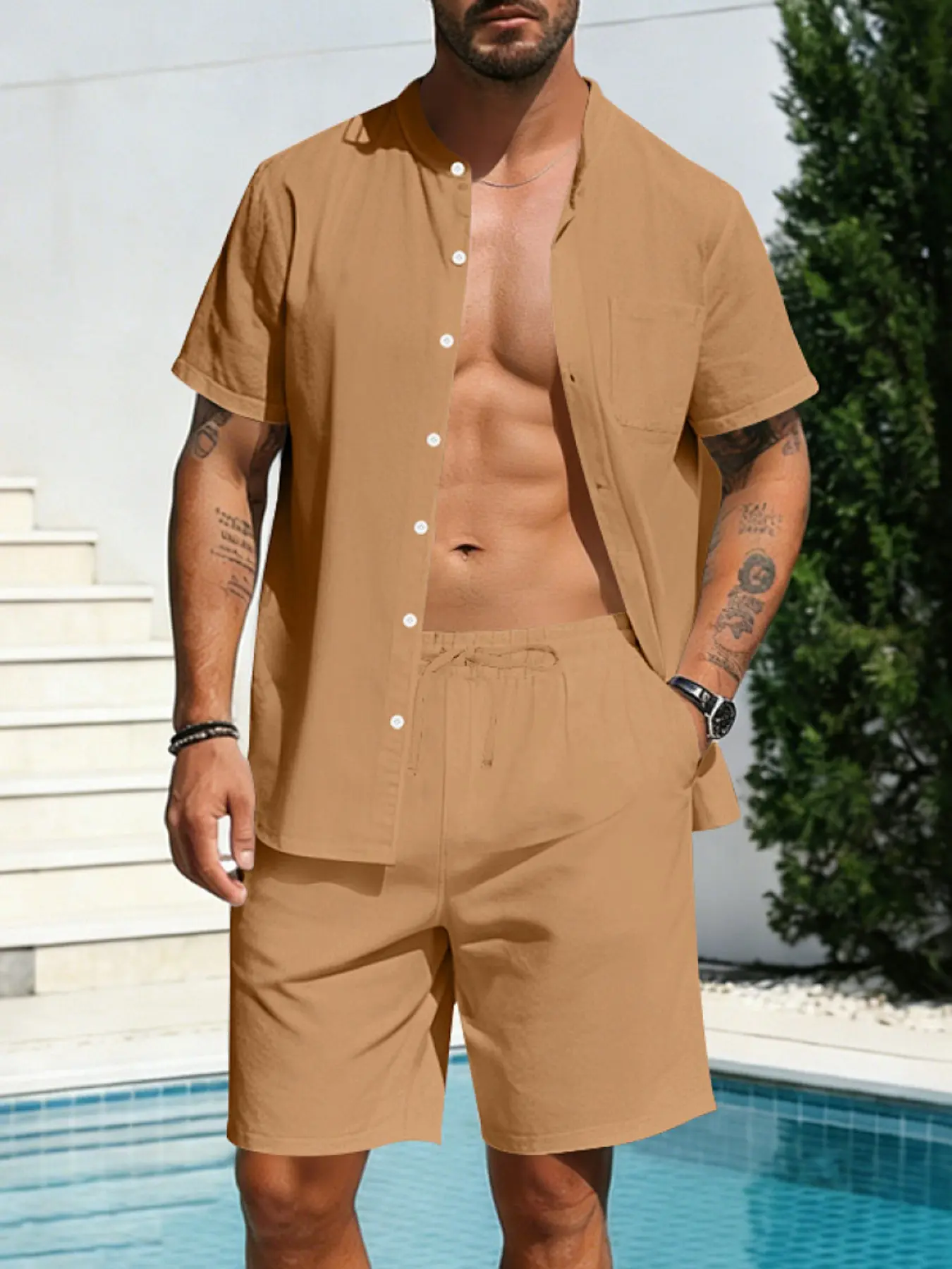 Men's Summer Linen Short Sleeve Shirt and Straight Leg Shorts Set, Casual Tropical Hawaiian Beach Style, Festive Outfit, Perfect Gift for Holidays