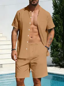 Men's Summer Linen Short Sleeve Shirt and Straight Leg Shorts Set, Casual Tropical Hawaiian Beach Style, Perfect Gift for Holidays