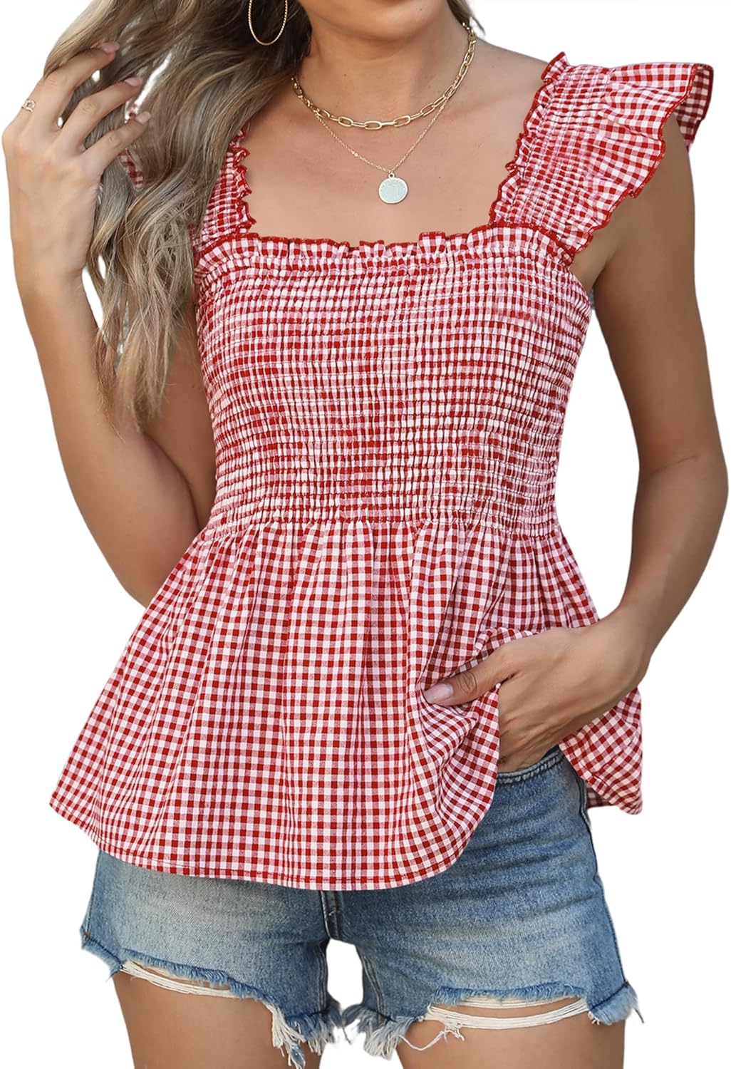 Womens Tank Tops Fashion Summer Ruffle Flying Sleeve Smocked Blouses Square Neck Sleeveless Shirts Babydoll Shirt