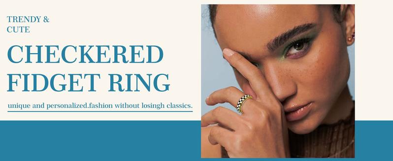 Checkered Spinner Ring for Adults, 18K Gold Plated Stainless Steel Rotating Band Jewelry, Black and White Pattern Unisex Ring