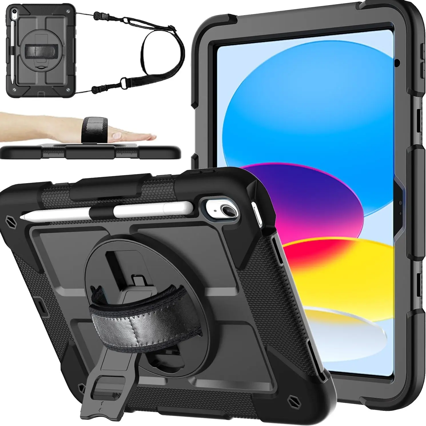 iPad 10th Gen 10.9-Inch 2022 Protective Case, A16 Tablet Protector with Wrist Strap, Rotating Stand, Shockproof Durable Cover