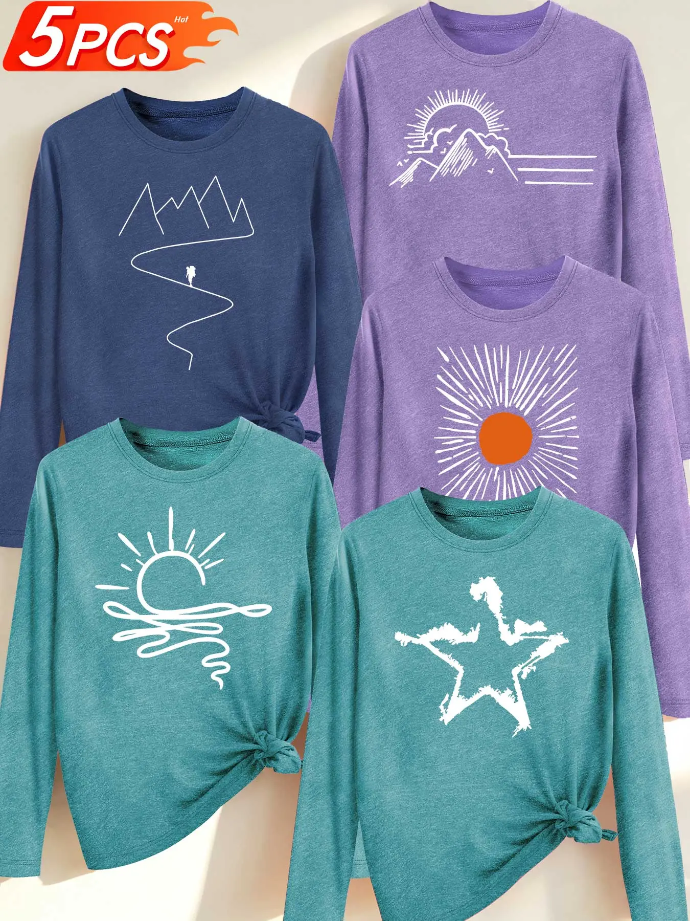 5Pcs Women Crew Neck Long Sleeve T‑Shirts, Mountain Sun Scenery Patterns As Pictures Show, Multiple Colors, Machine Washable, Spring Autumn Tops, Soft Skin‑Friendly Fabric, Daily Use, Versatile Outfit, Fashion Design