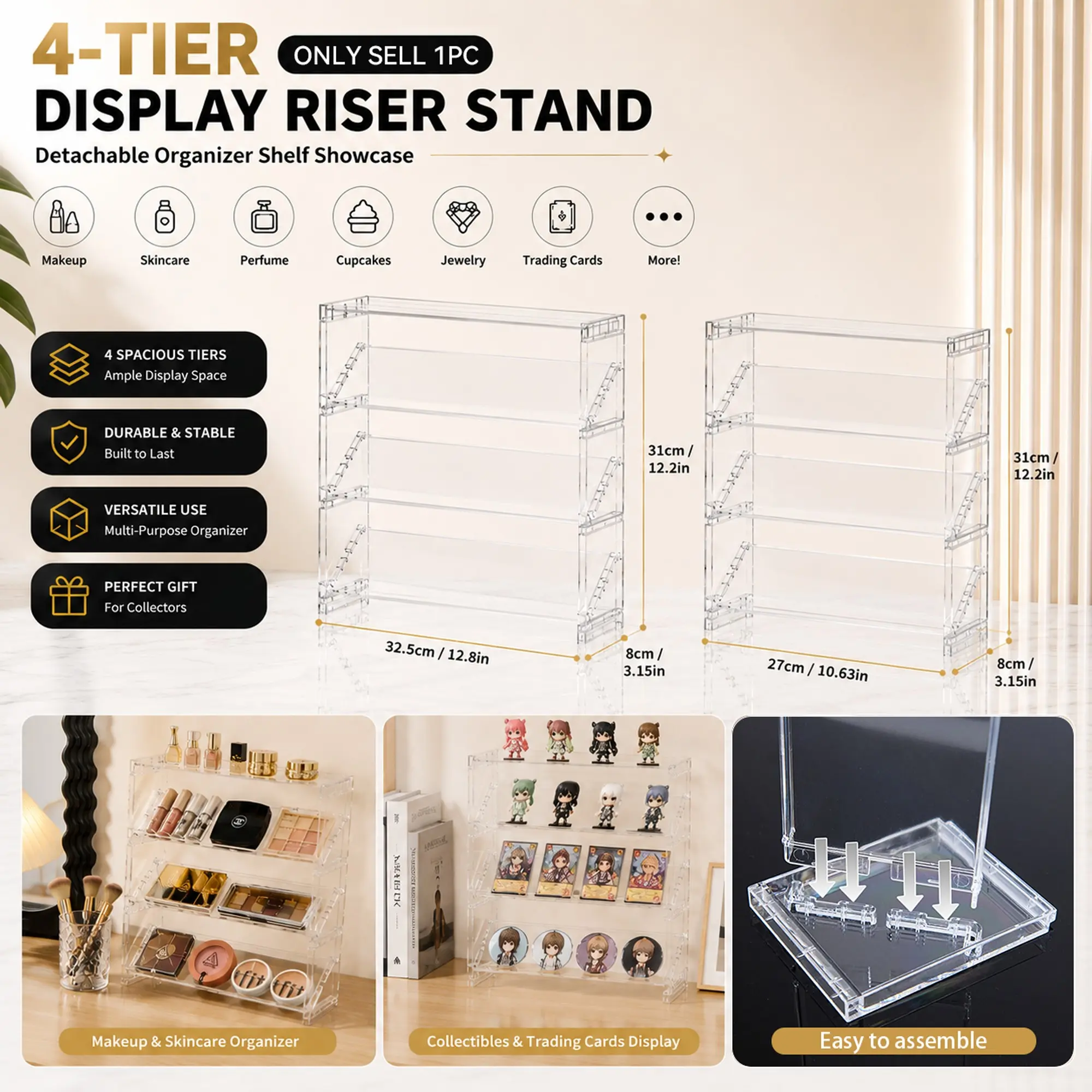 Premium 4-Tier Detachable Acrylic Display Stand, Cosmetic Display Stand, Clear Visible Countertop Organizer Shelf, Adjustable Organizer for Luxury Perfume, Fragrance, Makeup, Jewelry and Party Dessert