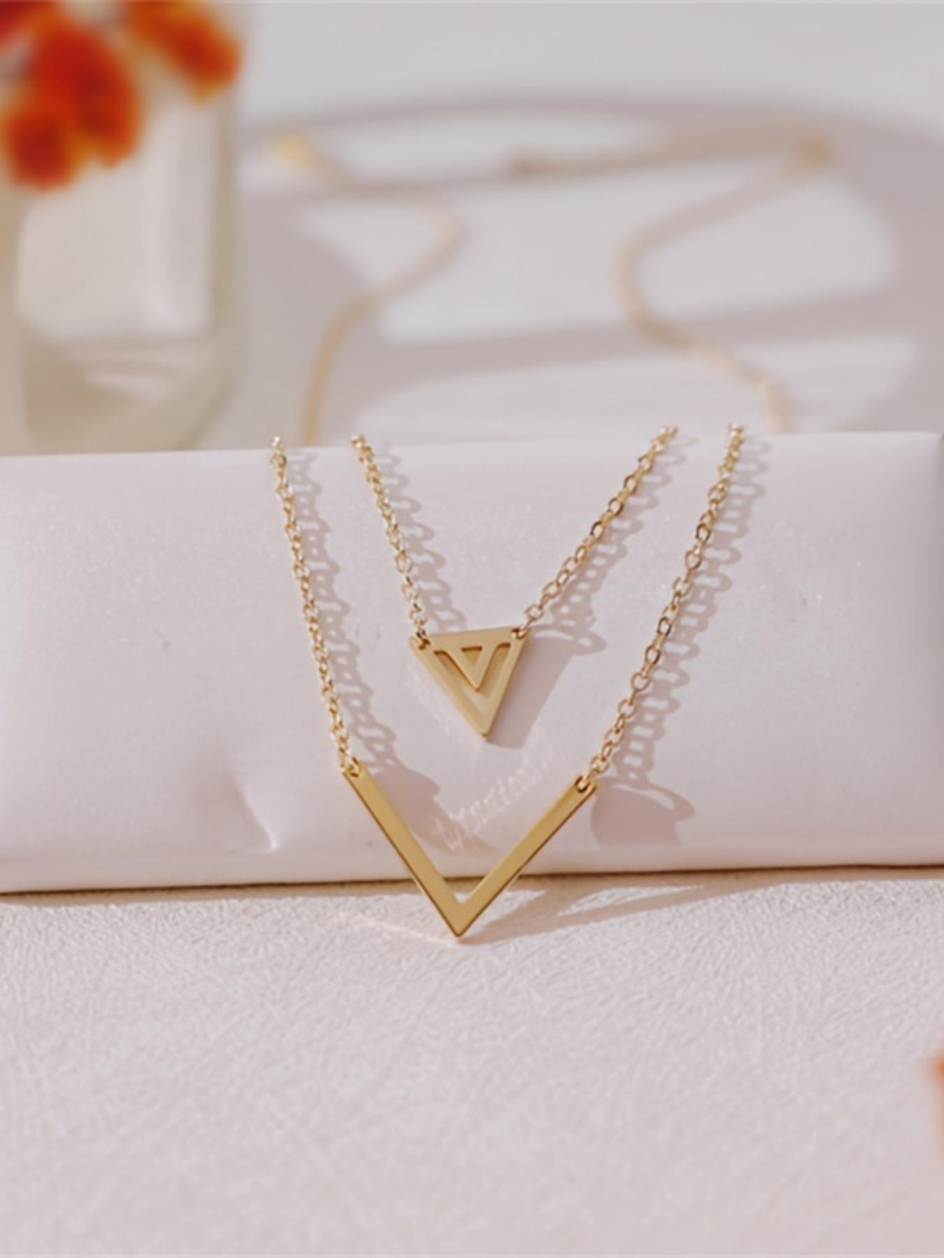 Women's Elegant V-shaped Hollow Triangle Pendant Necklace, Exquisite Trendy Layered Necklace, Chic Vintage Jewelry As Gift for Girlfriend