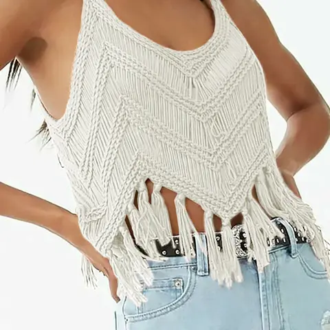 Women's Plain Fringe Trim Fitted Cami Top, Casual Style Sleeveless Fitted Design Top for Summer, Fashion Womenswear Women's Knitwear for Daily Wear, Boho Bohemian Casual, Camisole Vest