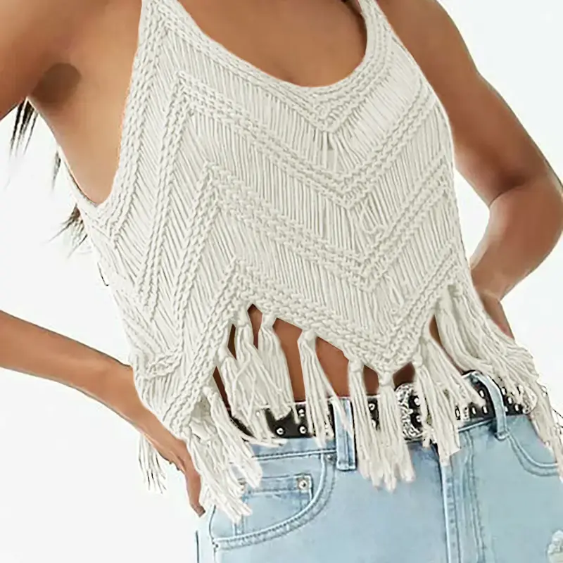 Women's Plain Fringe Trim Fitted Cami Top, Casual Style Sleeveless Fitted Design Top for Summer, Fashion Womenswear Women's Knitwear for Daily Wear, Boho Bohemian Casual, Camisole Vest