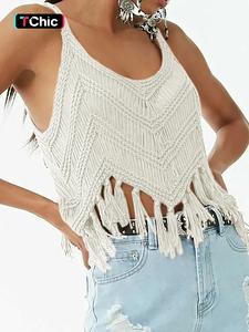women's plain fringe trim cami top, casual sleeveless crop top for summer, fashion women's knitwear for daily wear, summer tops, boho chic sleeveless clothes for women, womenswear, boho clothes women, women's tops