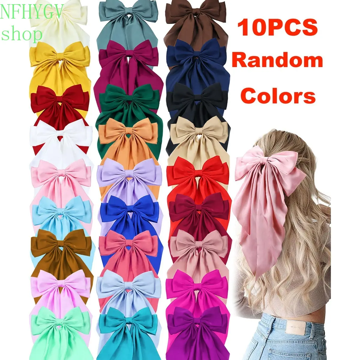 10‑Pack Random‑Color Large Long‑Tail Satin‑Bow Hair‑Clips For Women And Girls, Silky‑Texture Fabric Big‑Bow Hair‑Barrettes, Decorative Hair‑Accessories For Daily‑Hairstyle‑Shaping And Party‑Occasion Outfit‑Matching Occasions