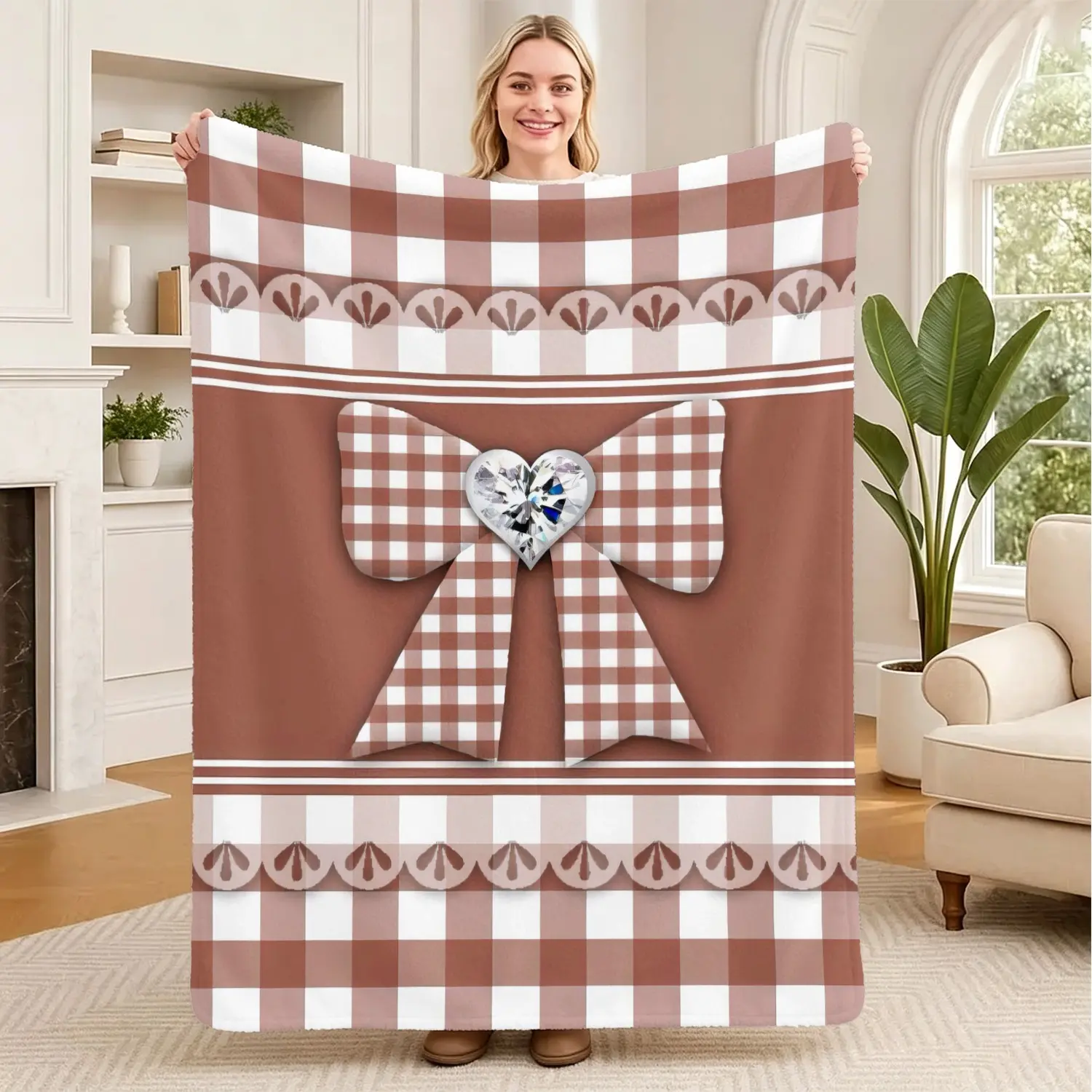 Cocoa White Plaid Bow Heart Flannel Blanket, Compact Travel Blanket & Lightweight Toddler Nap Throw for Cottagecore Fans Road Trips, Car Seat Wrap, Daycare Rest Nook, Gift for Little Girl Birthday