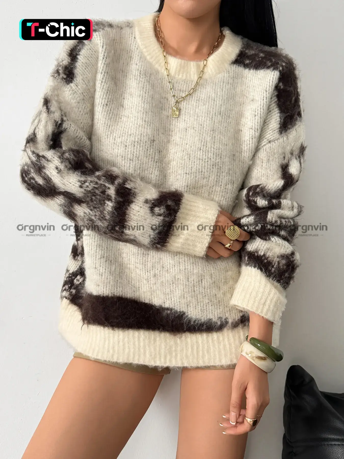 Women's Autumn Winter Tie-Dye Fleece Pullover Sweater, Fashion Casual Lazy Style, Loose Fit Versatile Knitwear for Daily Wear