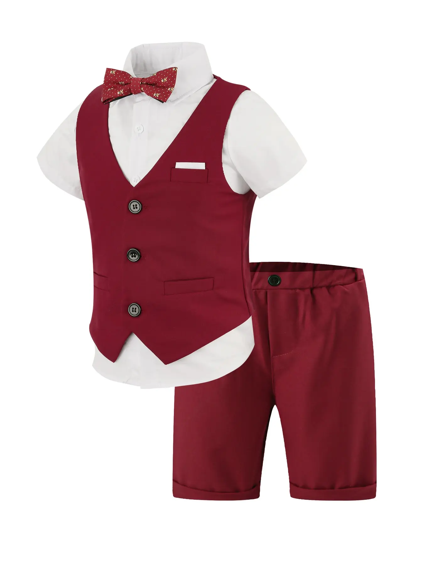 Boys' Summer 3-Piece Formal Tuxedo Set, Solid Color Vest + Tailored Shorts + Printed Bow Tie, No Shirt Included, Crisp Fabric for Special Occasions Clothes Kids