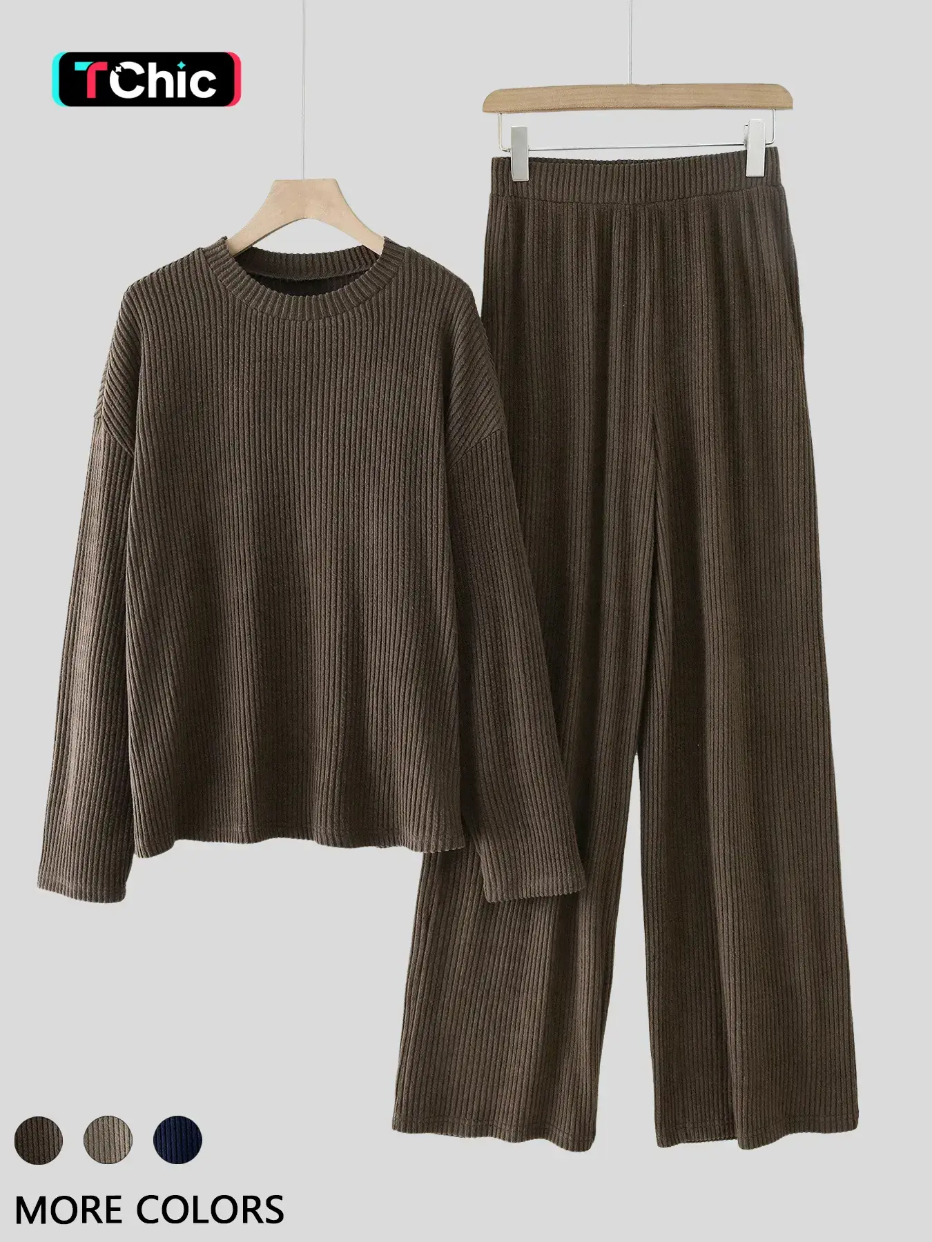 Women's Solid Color Round Neck Drop Shoulder Long Sleeve Soft Knit Top and Loose Wide Leg Pants Set, Casual Chic Everyday Home Wear, Comfortable and Versatile Outfit