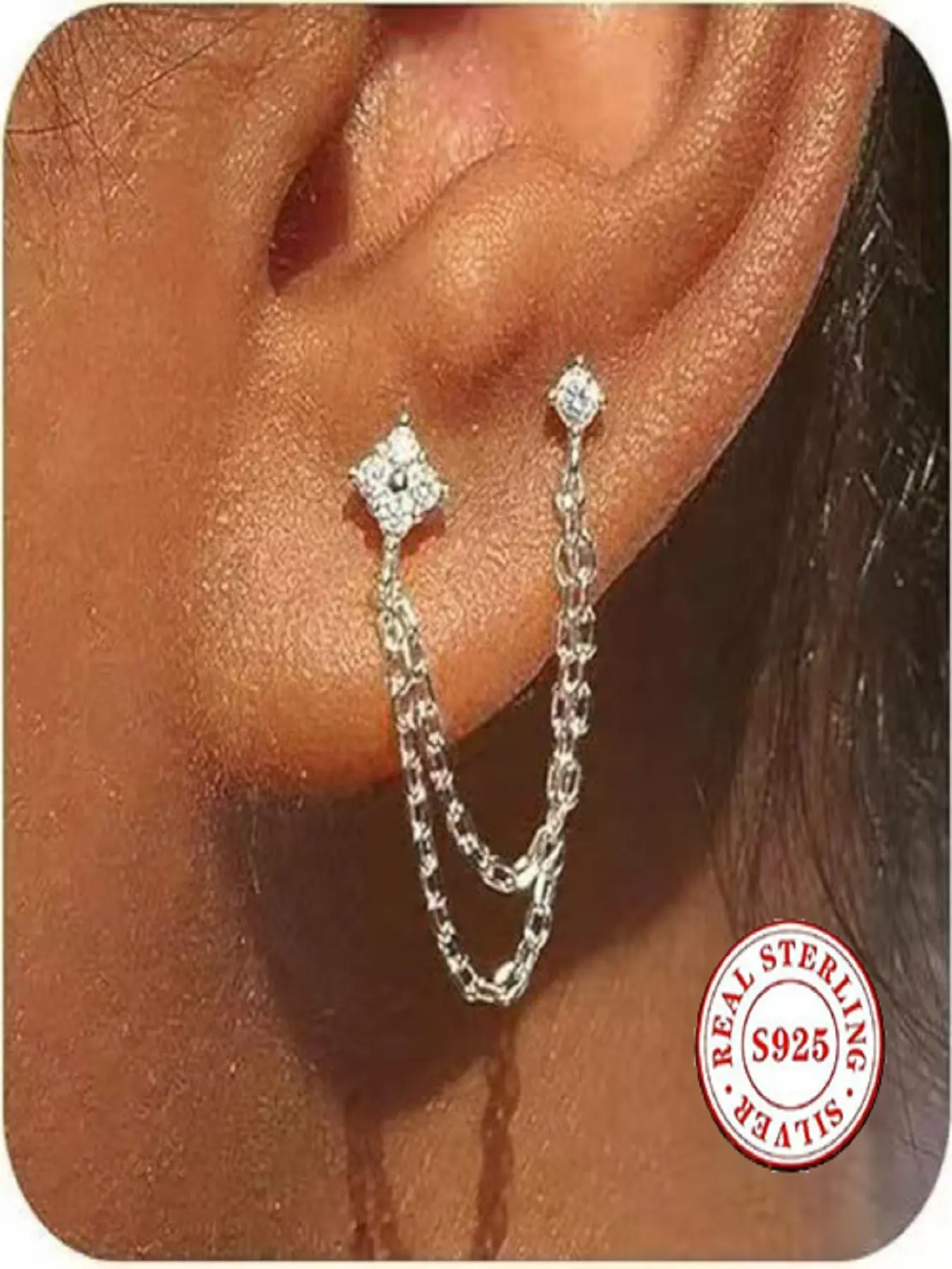 S925 Sterling Silver Double Chain Earrings for Women, Sparkling Zircon Gemstone Stud Dangle Earrings, Hypoallergenic Two Piercing Connected Chain Drop Earrings for Daily Party Jewelry Gift