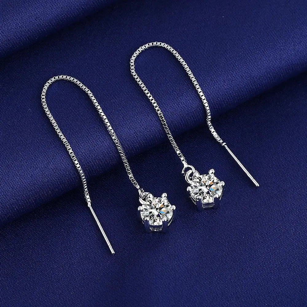 Round Cut Moissanite Drop Earrings 925 Silver Threader Earrings for Women Dangle Chain Earrings Wedding Party Jewelry Gift