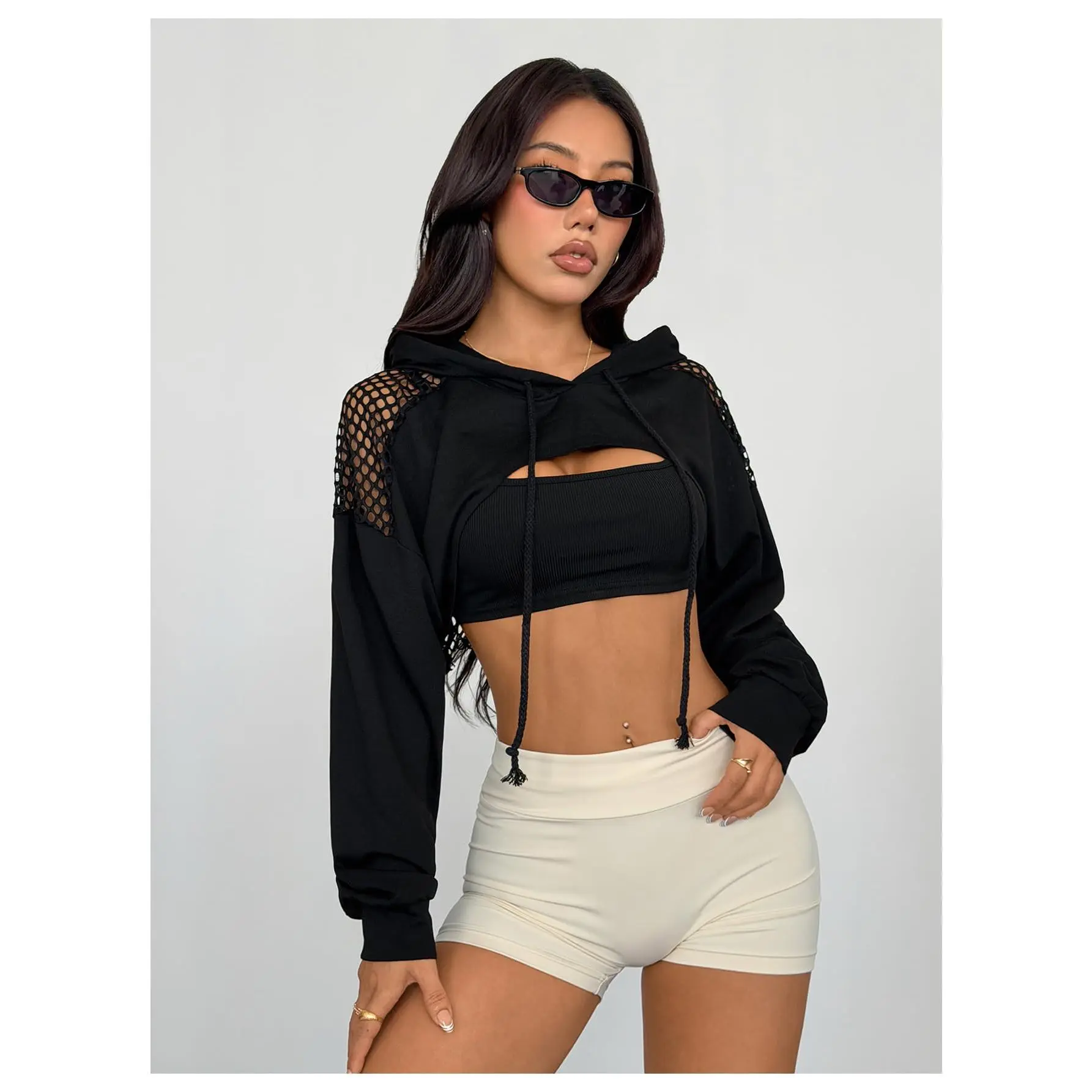 Casual Solid Cut Out Front Long Sleeve Pullover Crop Top Sweatshirt Stretwear