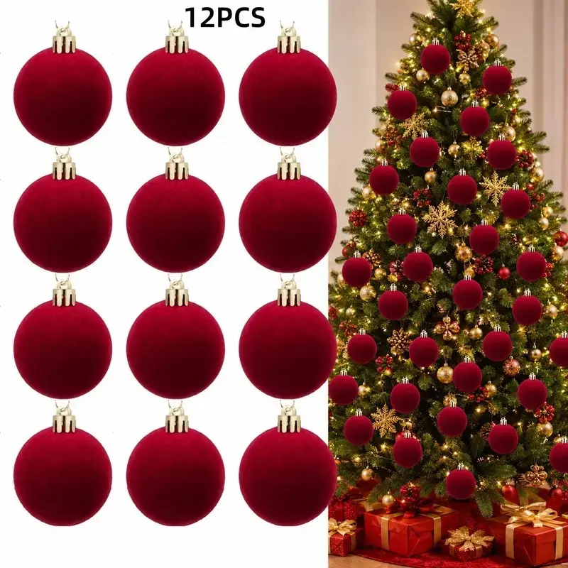 12 Wine Velvet Christmas Ornaments, Shatterproof Flocked Tree Baubles with Hooks, Ideal for Holiday Parties, Home Decor, Weddings
