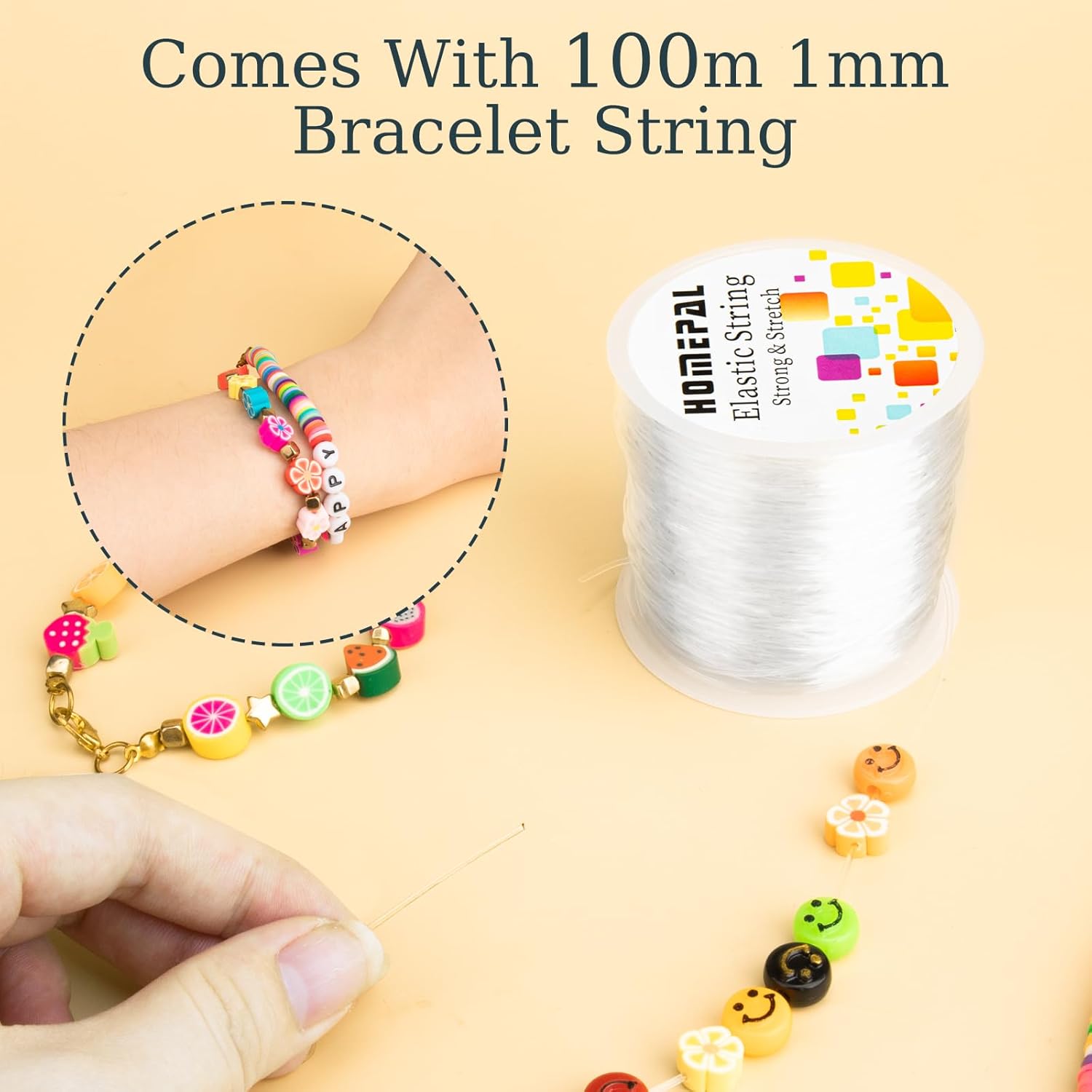 1mm Elastic String for Bracelets, Clear Elastic String Elastic Cord for  Making,   String for Bracelets, Necklaces, Beading and Crafts 100m/roll