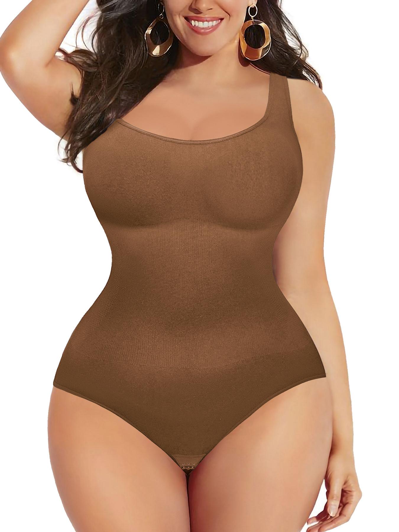 Plus Size Solid Scoop Neck Shapewear Tank Bodysuit, Casual High Stretch Comfy Breathable Shaper, Built In Shaper, Women's Shapewear for All Seasons