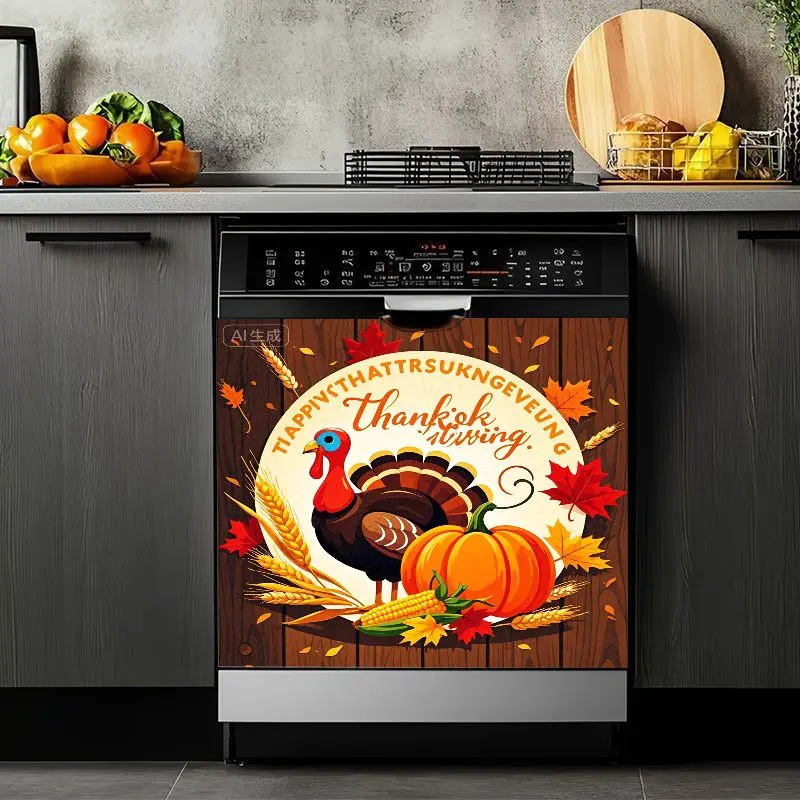 2D Flat 2Pcs Thanksgiving Turkey Dishwasher Cover Decorative Stickers Fall Harvest Pumpkin Maple Leaves Pattern Kitchen Appliance Decor Magnetic Waterproof Autumn Home for Refrigerator Cabinet Door Decoration
