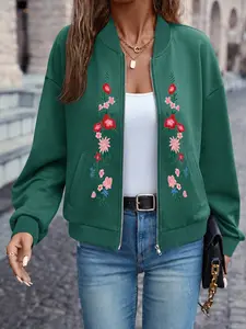 Elegant Women's New Zipper Sweatshirt Jacket, Floral Print, Casual Street Style, Four-Season Fashion, Loose-Fitting, All Seasons