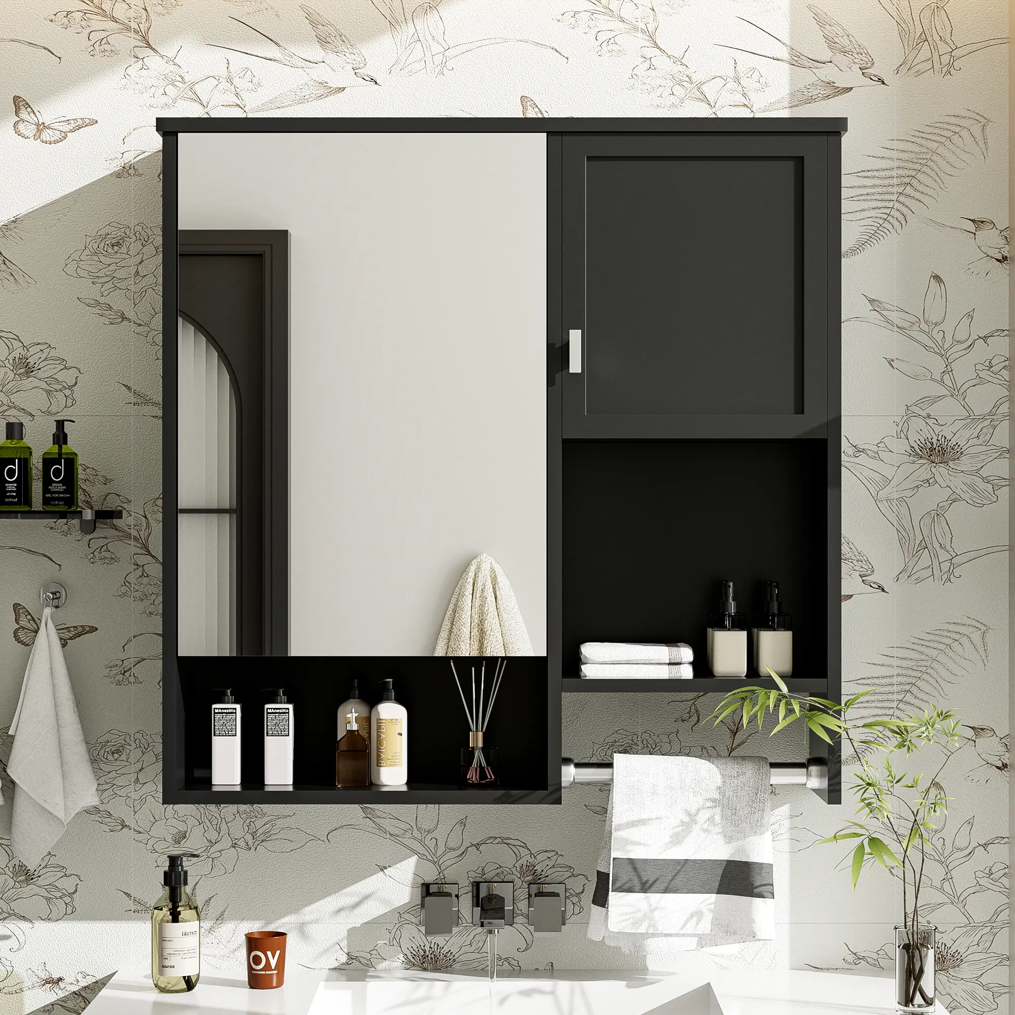 ARCH 29 x 28 Inch Modern Wall Mounted Bathroom Medicine Cabinet with Mirror, Over the Toilet Space Saver Storage Cabinet with Towel Bar, Wall Hanging Vanity Mirror Cabinet for Bathroom Organization, White Finish, Home Furniture and Household