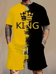 Men's 3D Digital Print Crown Gradient Two-Piece Set, Casual Loose-Fit Short Sleeve T-Shirt and Shorts, Summer Fashion