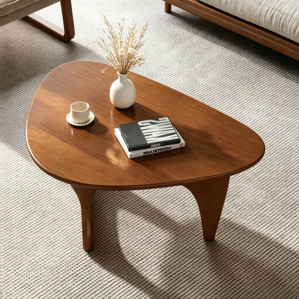 [Bellemave] Oval Coffee Table, 34in Mid-Century Modern Wood Cocktail Table, Stable Triangular Base Accent Center Table for Living Room Apartment Home Decor