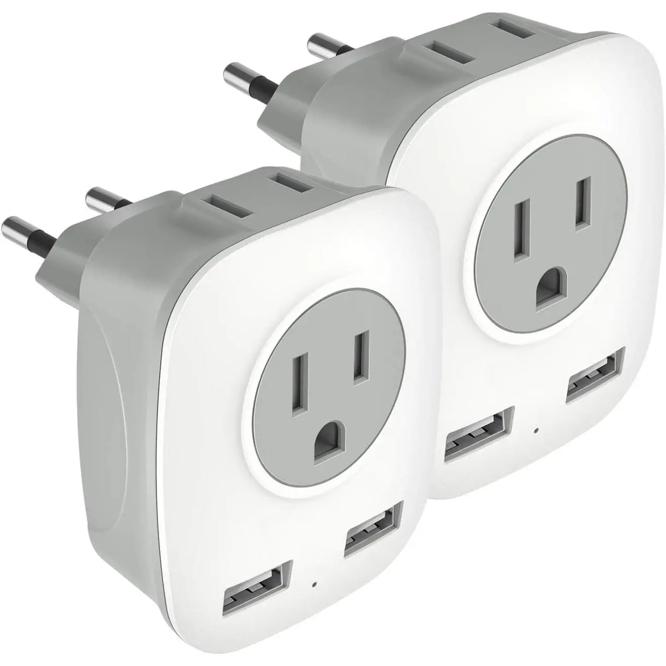 2 Pack European Travel Plug adapter,  International Power Plug Adapter with 2 USB Ports,2  Outlets- 4 in 1 Outlet Adapter,Travel Essentials to ,Greece,France, Spain (Type C)